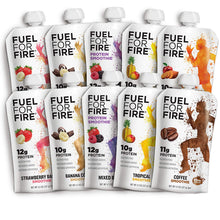 Load image into Gallery viewer, Fuel For Fire - Variety Pack with All 6 Flavors (10 Pack) Including New Mixed Berry! Fruit & Protein Smoothie Squeeze Pouch | Gluten-Free, Soy-Free, Kosher (4.5 ounce pouches)