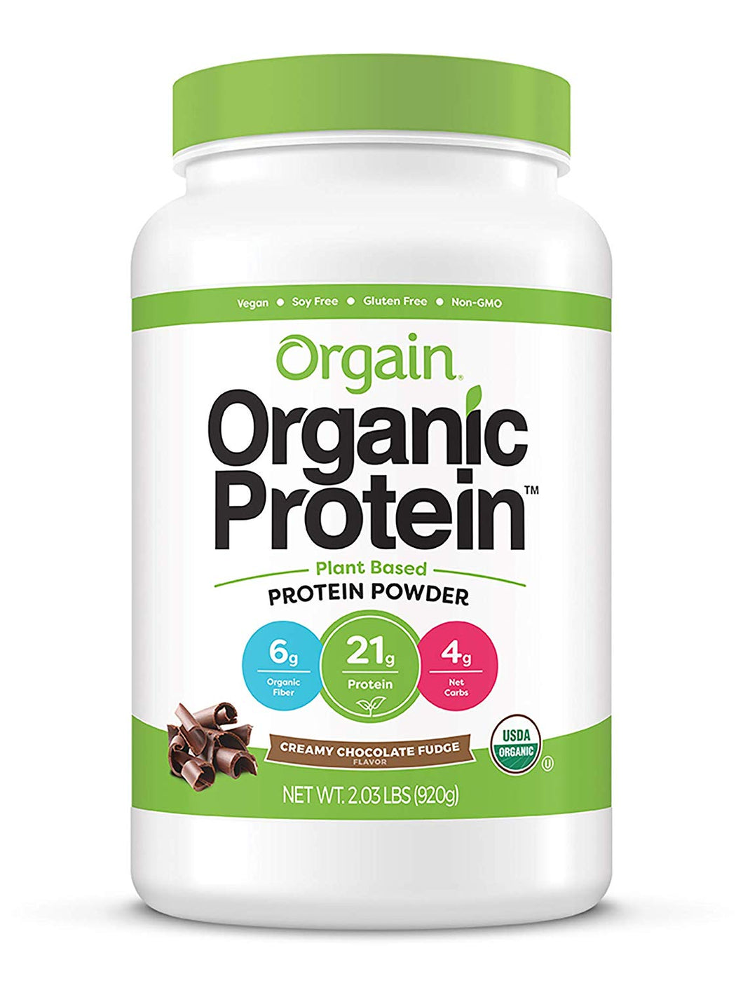 Orgain Organic Plant Based Protein Powder, Creamy Chocolate Fudge - Vegan, Low Net Carbs, Non Dairy, Gluten Free, Lactose Free, No Sugar Added, Soy Free, Kosher, 2.03 Pound
