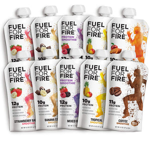 Fuel For Fire - Variety Pack with All 6 Flavors (10 Pack) Including New Mixed Berry! Fruit & Protein Smoothie Squeeze Pouch | Gluten-Free, Soy-Free, Kosher (4.5 ounce pouches)